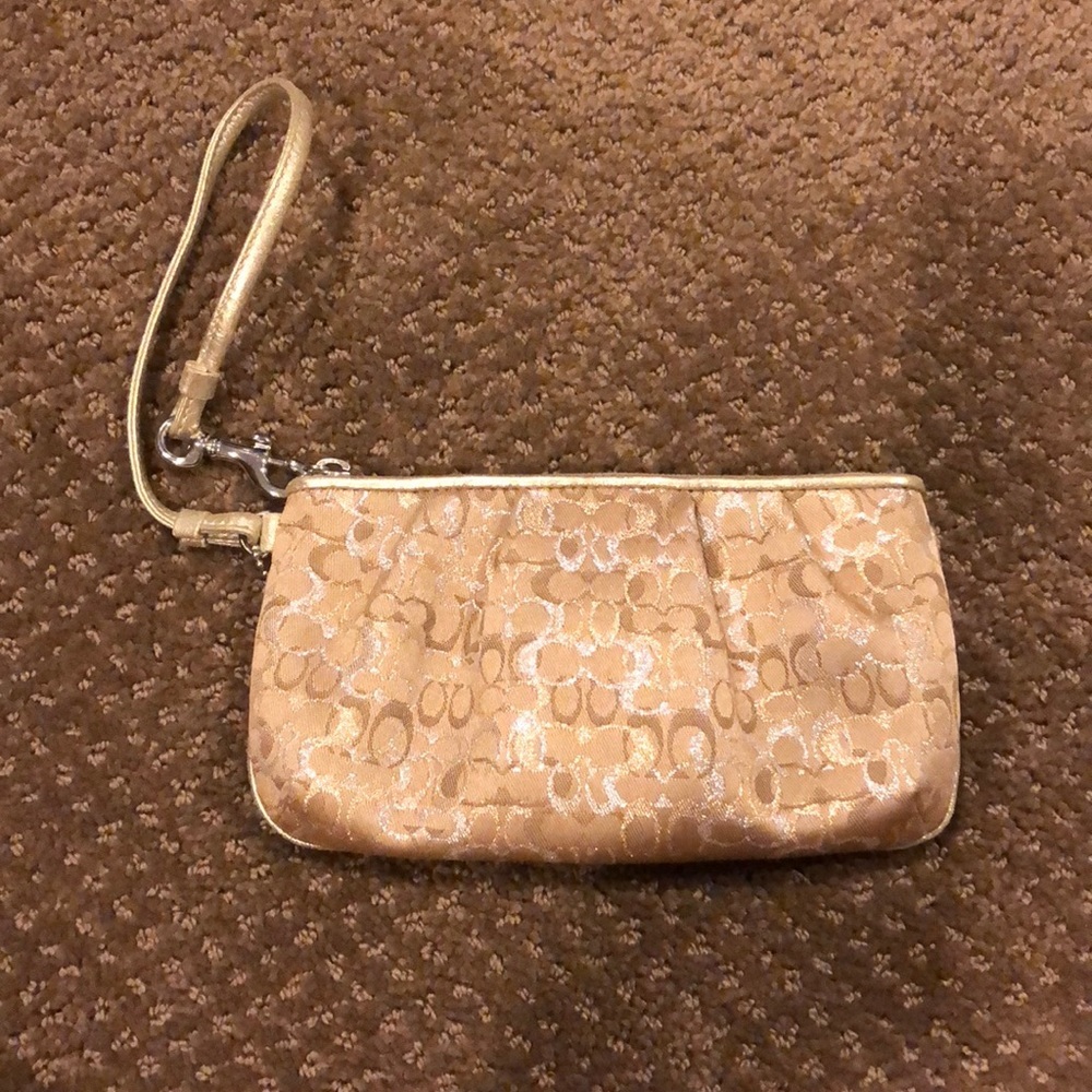 Coach Canvas C in Silver, Gold & Tan Wristlet